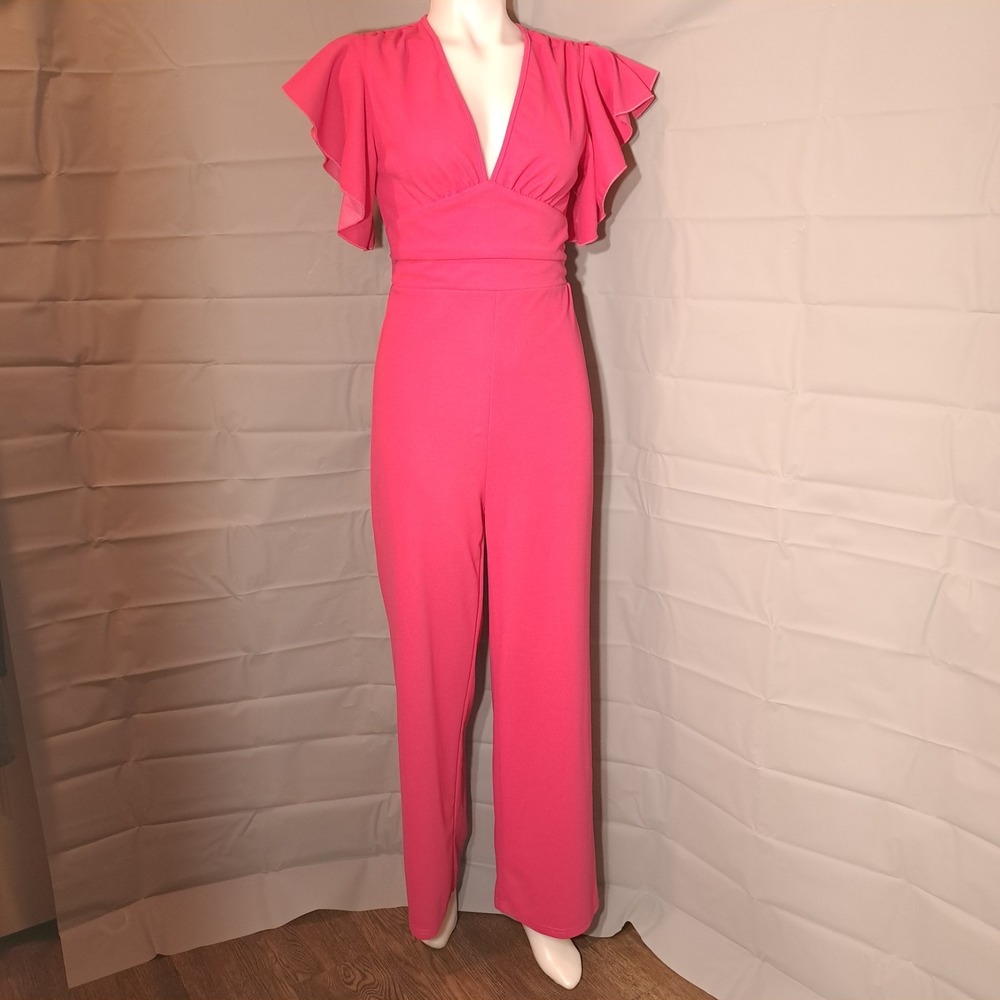 Shein Women's Jumpsuit One-Piece Size 4 Fuchsia Ruffle‎ Sleeves Zipper